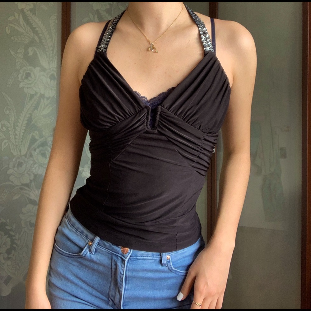 Vintage 90’s Ruched Halter Top w/ Sequin Straps